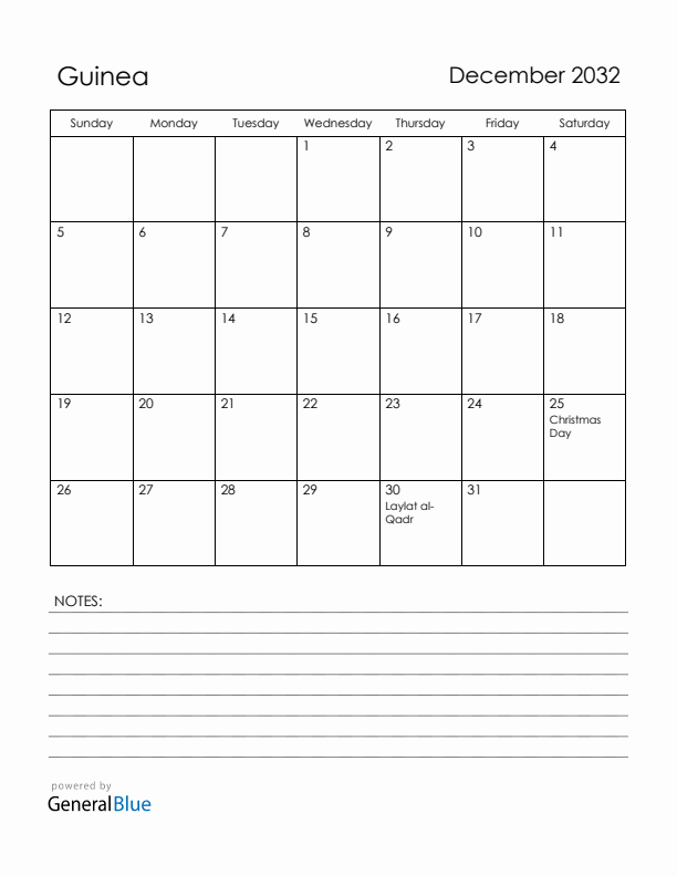 December 2032 Guinea Calendar with Holidays (Sunday Start)