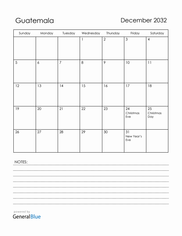 December 2032 Guatemala Calendar with Holidays (Sunday Start)