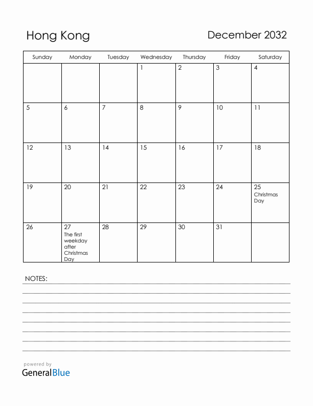 December 2032 Hong Kong Calendar with Holidays (Sunday Start)