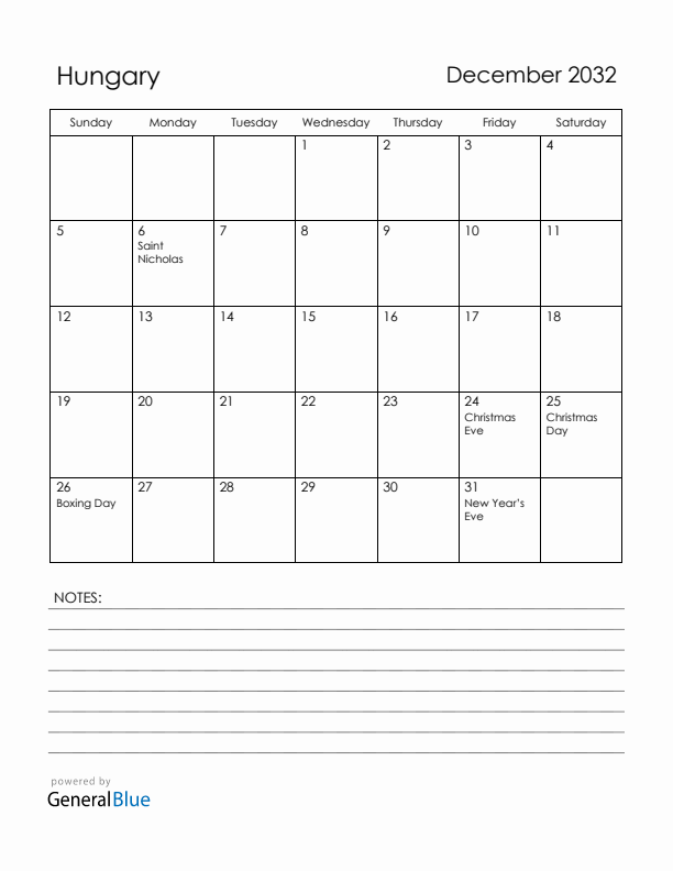 December 2032 Hungary Calendar with Holidays (Sunday Start)