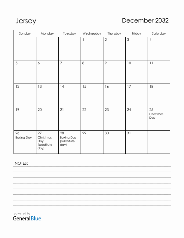 December 2032 Jersey Calendar with Holidays (Sunday Start)
