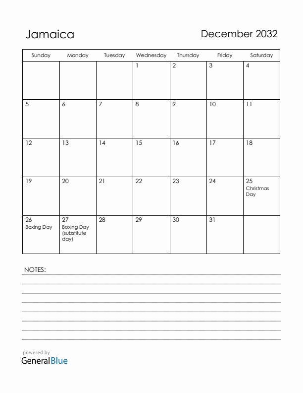 December 2032 Jamaica Calendar with Holidays (Sunday Start)