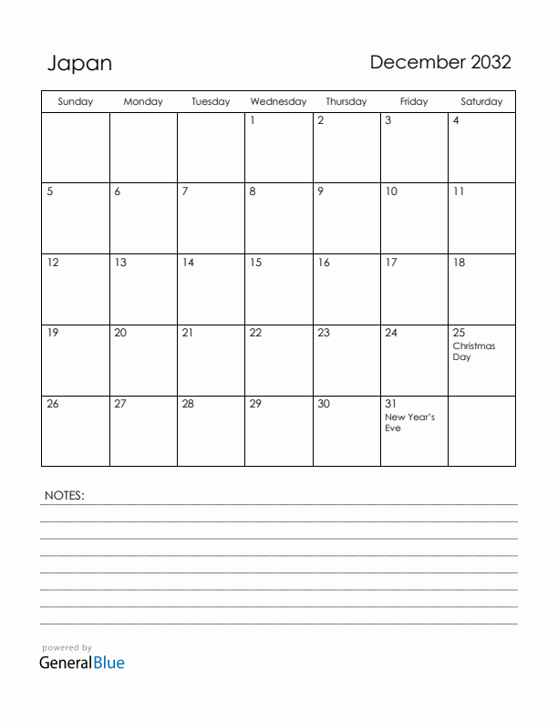 December 2032 Japan Calendar with Holidays (Sunday Start)