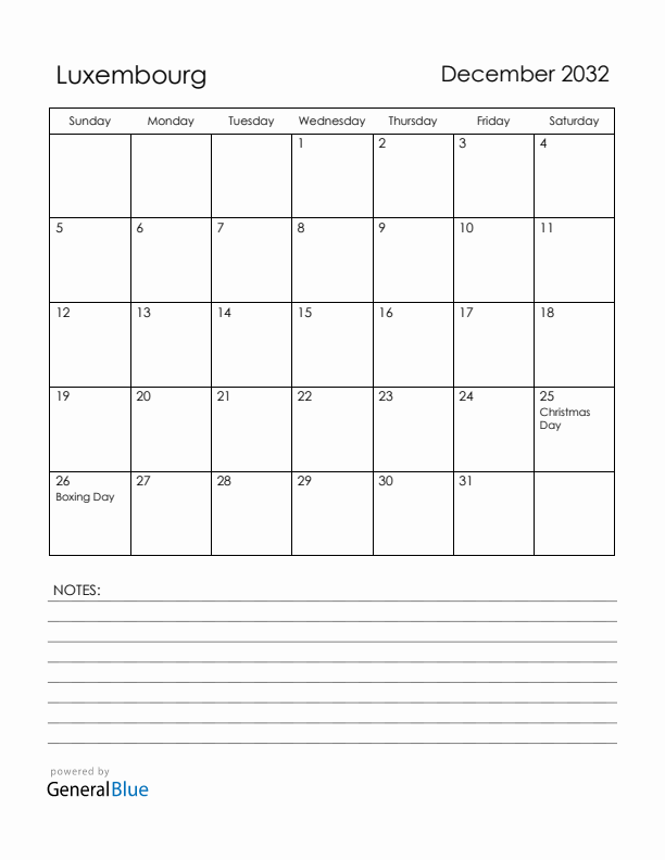 December 2032 Luxembourg Calendar with Holidays (Sunday Start)