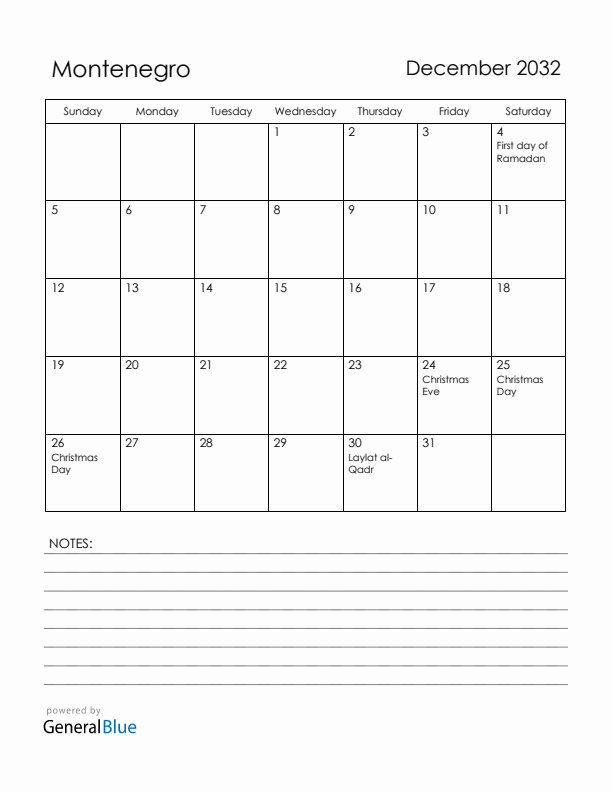 December 2032 Montenegro Calendar with Holidays (Sunday Start)