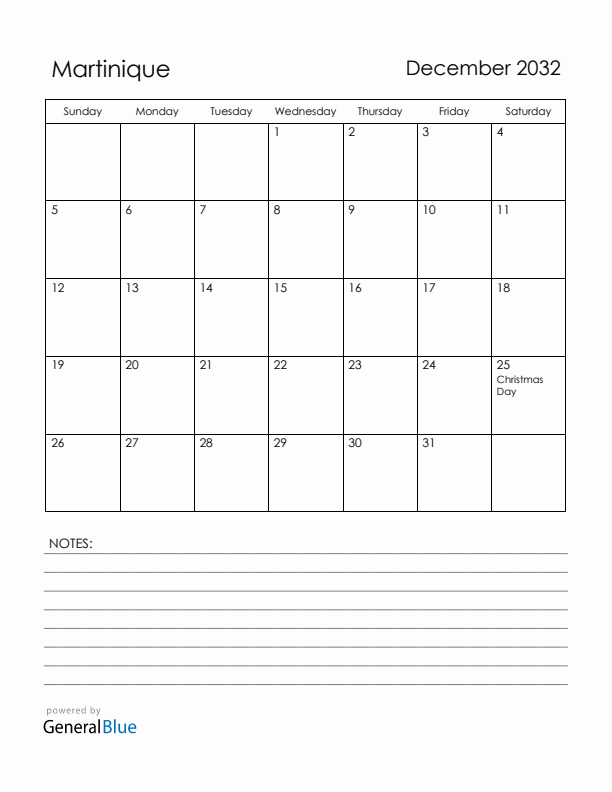 December 2032 Martinique Calendar with Holidays (Sunday Start)