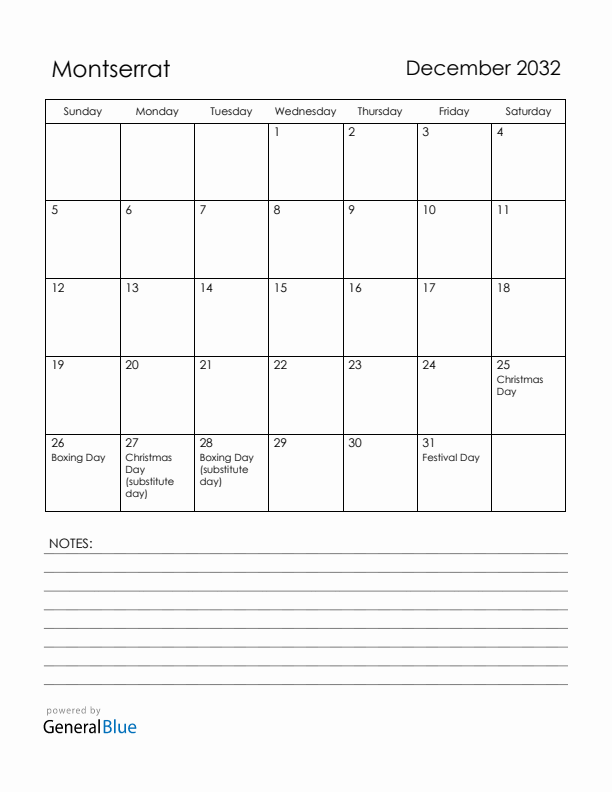 December 2032 Montserrat Calendar with Holidays (Sunday Start)