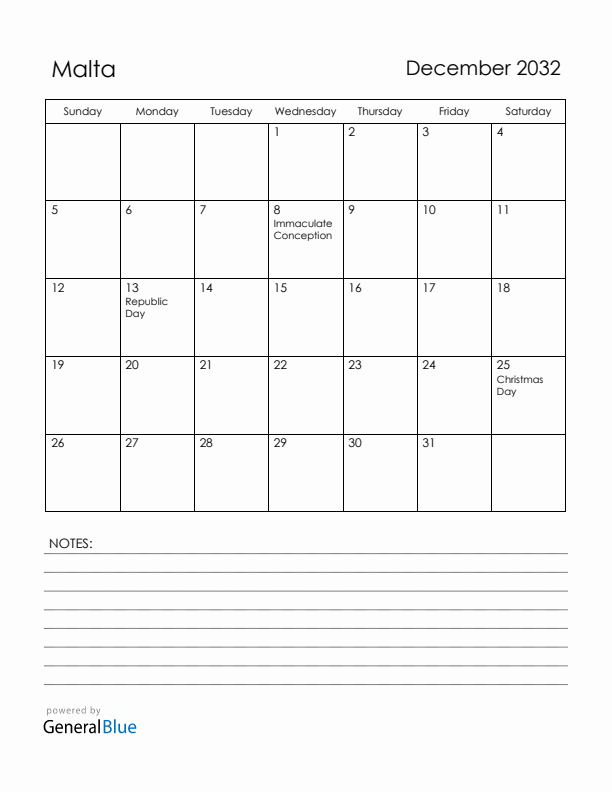 December 2032 Malta Calendar with Holidays (Sunday Start)