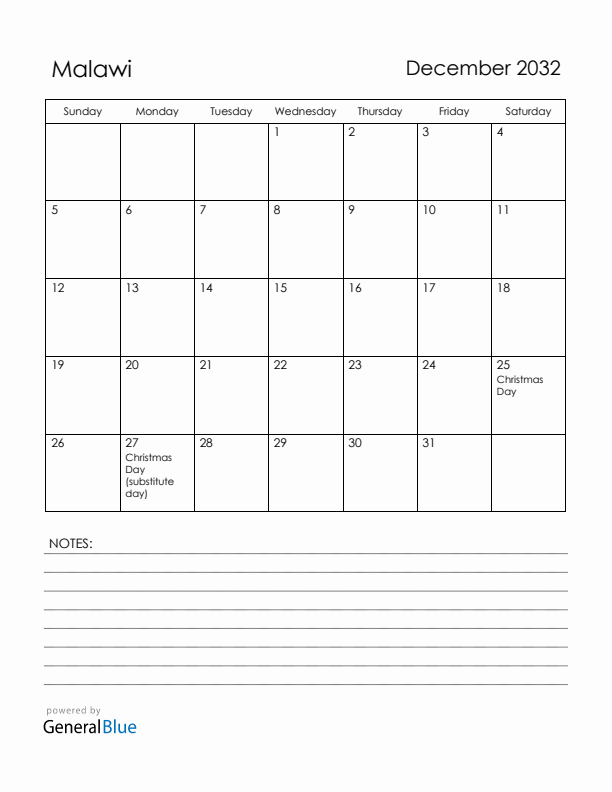 December 2032 Malawi Calendar with Holidays (Sunday Start)