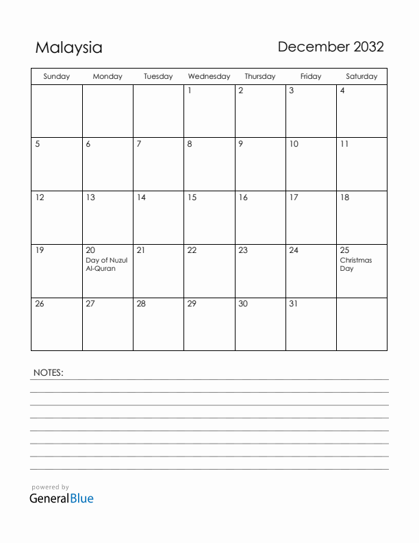 December 2032 Malaysia Calendar with Holidays (Sunday Start)