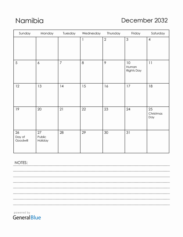 December 2032 Namibia Calendar with Holidays (Sunday Start)