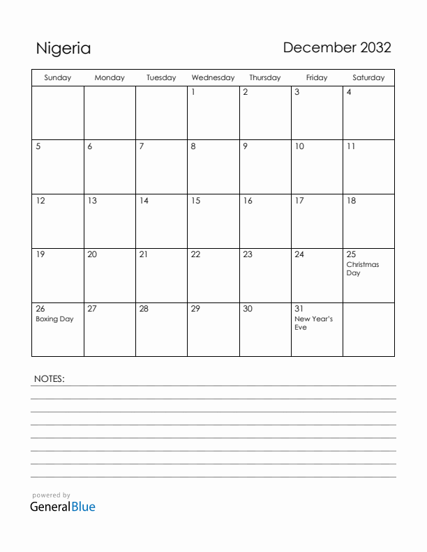 December 2032 Nigeria Calendar with Holidays (Sunday Start)