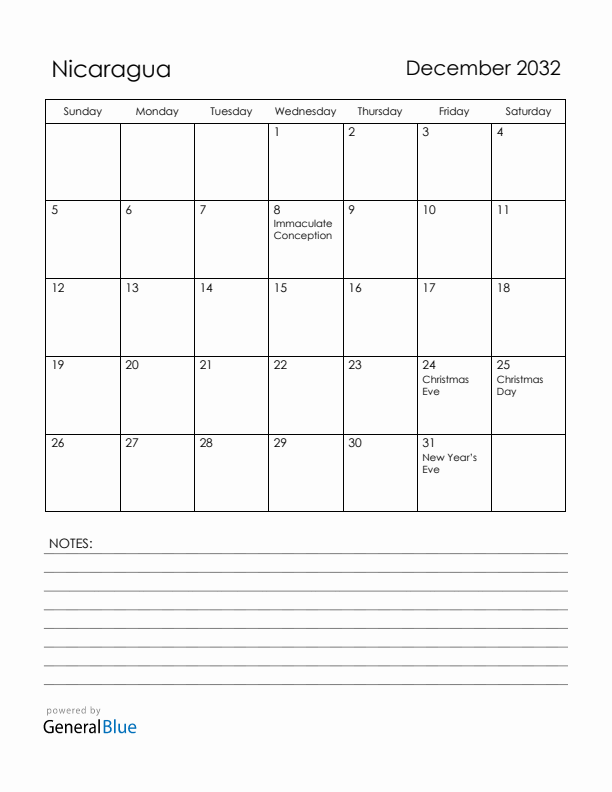 December 2032 Nicaragua Calendar with Holidays (Sunday Start)