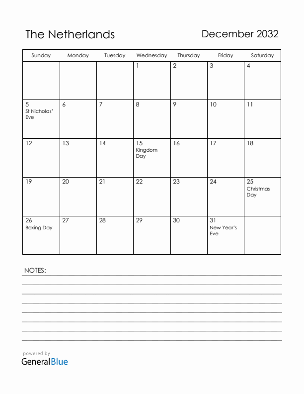 December 2032 The Netherlands Calendar with Holidays (Sunday Start)