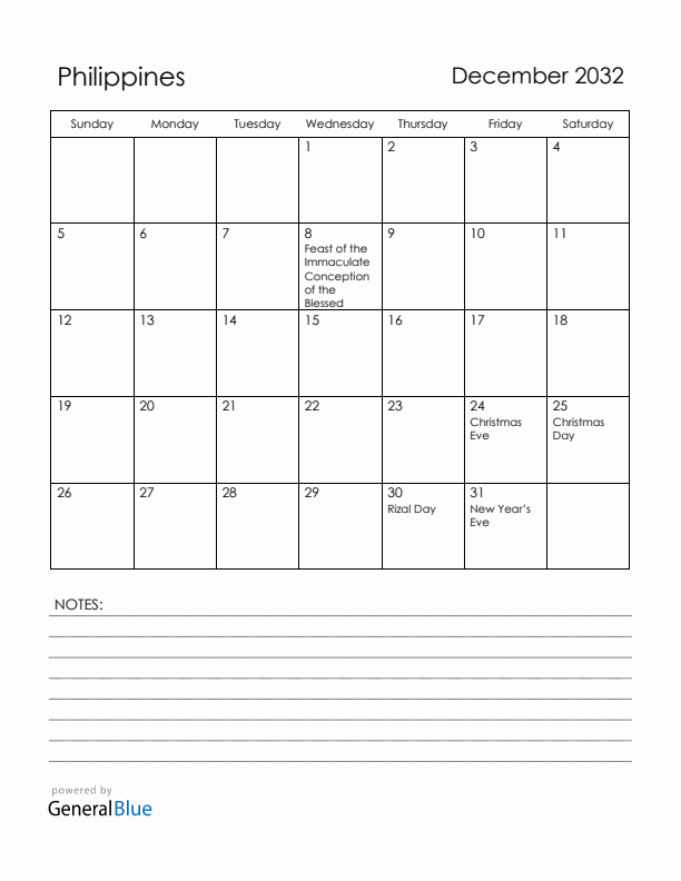 December 2032 Philippines Calendar with Holidays (Sunday Start)