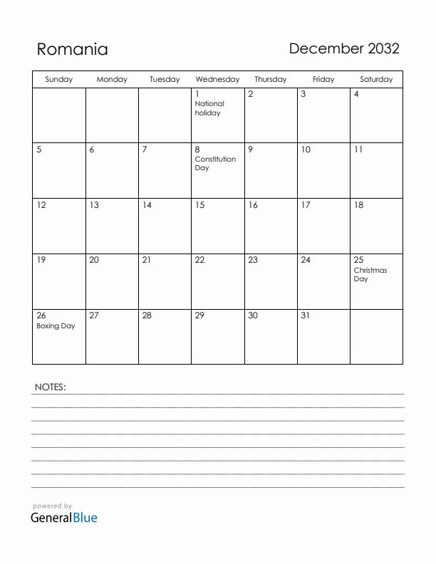 December 2032 Romania Calendar with Holidays (Sunday Start)