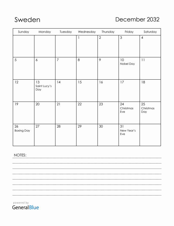 December 2032 Sweden Calendar with Holidays (Sunday Start)