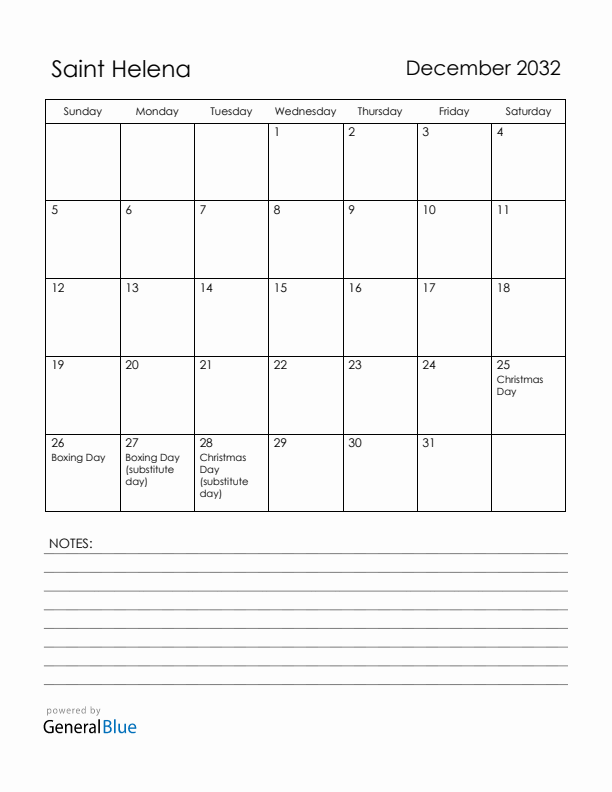 December 2032 Saint Helena Calendar with Holidays (Sunday Start)
