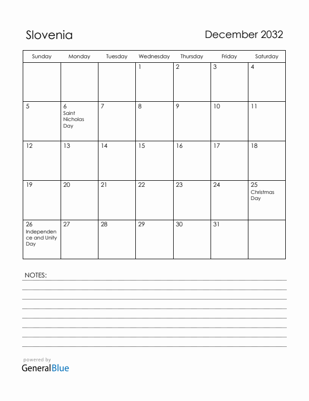 December 2032 Slovenia Calendar with Holidays (Sunday Start)