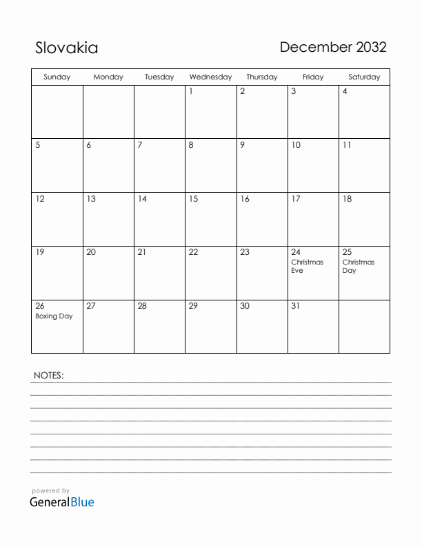 December 2032 Slovakia Calendar with Holidays (Sunday Start)