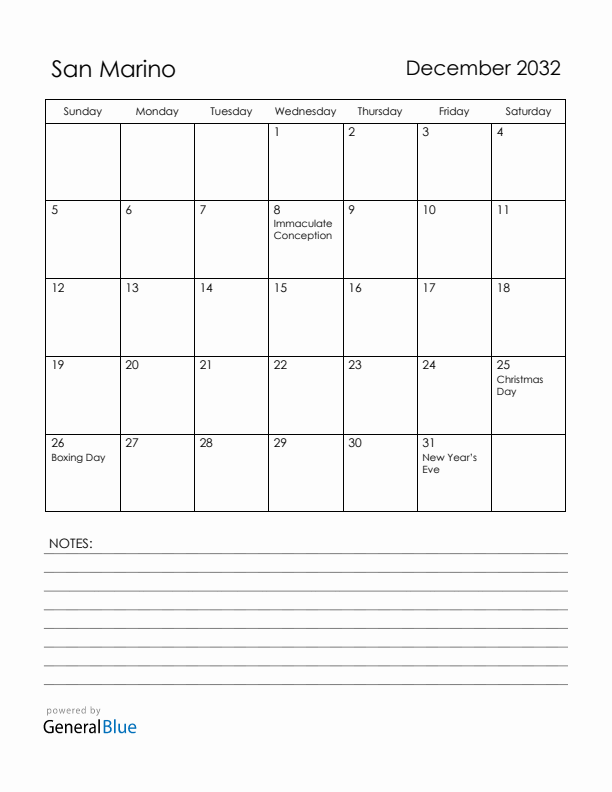December 2032 San Marino Calendar with Holidays (Sunday Start)