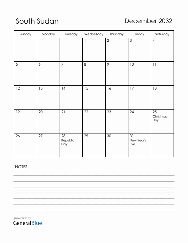December 2032 South Sudan Calendar with Holidays (Sunday Start)