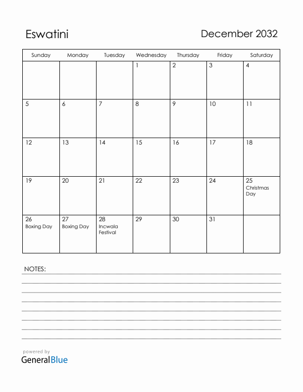 December 2032 Eswatini Calendar with Holidays (Sunday Start)