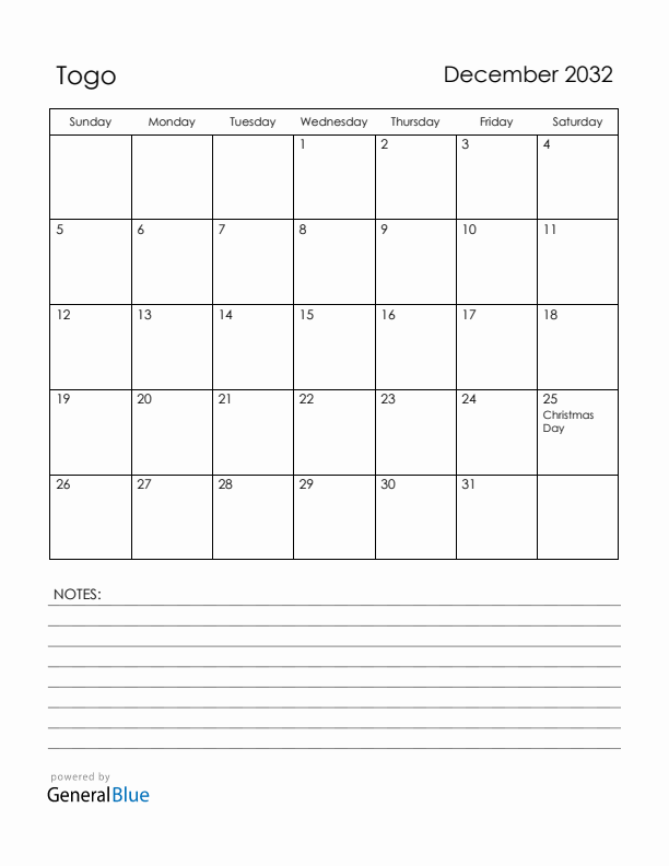 December 2032 Togo Calendar with Holidays (Sunday Start)
