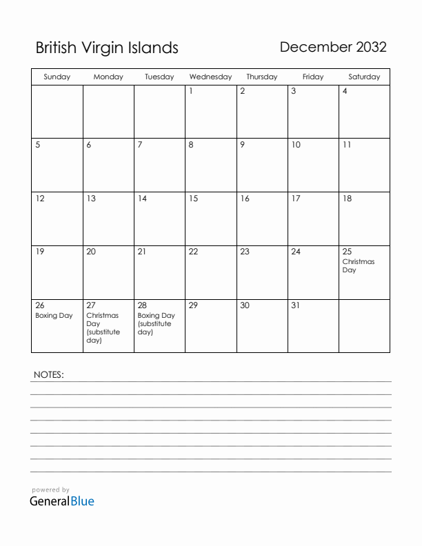 December 2032 British Virgin Islands Calendar with Holidays (Sunday Start)