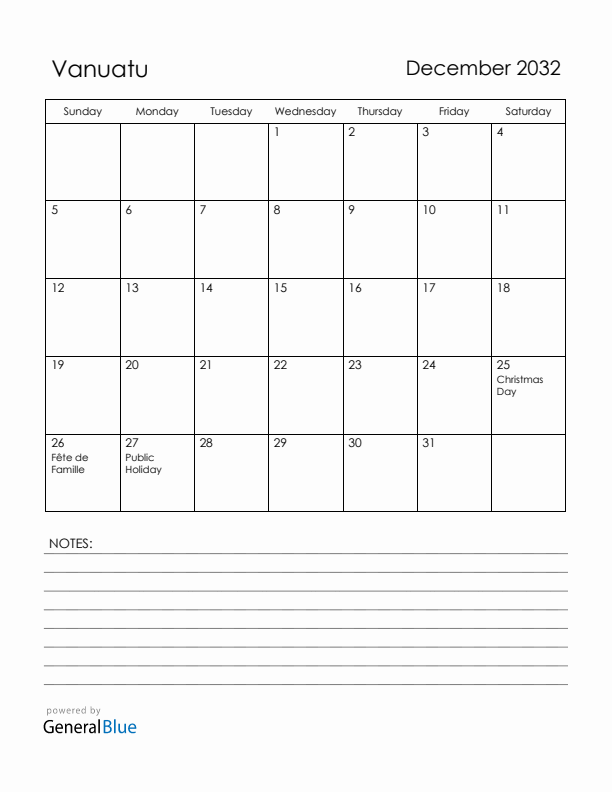 December 2032 Vanuatu Calendar with Holidays (Sunday Start)
