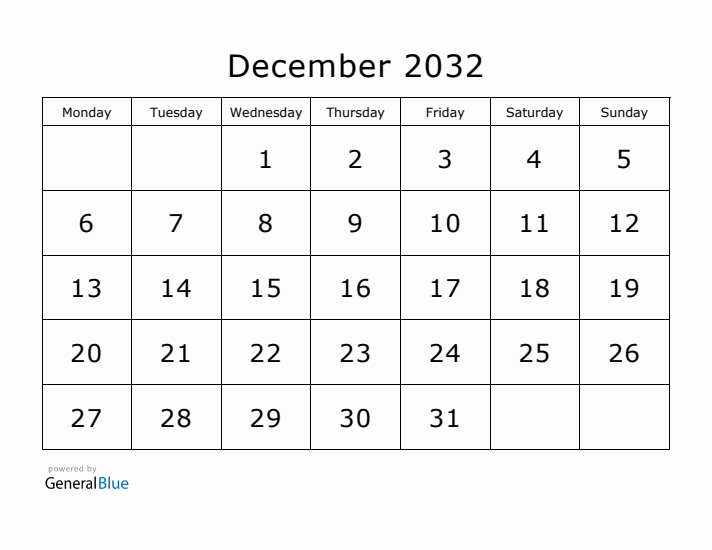 Printable December 2032 Calendar - Monday Start