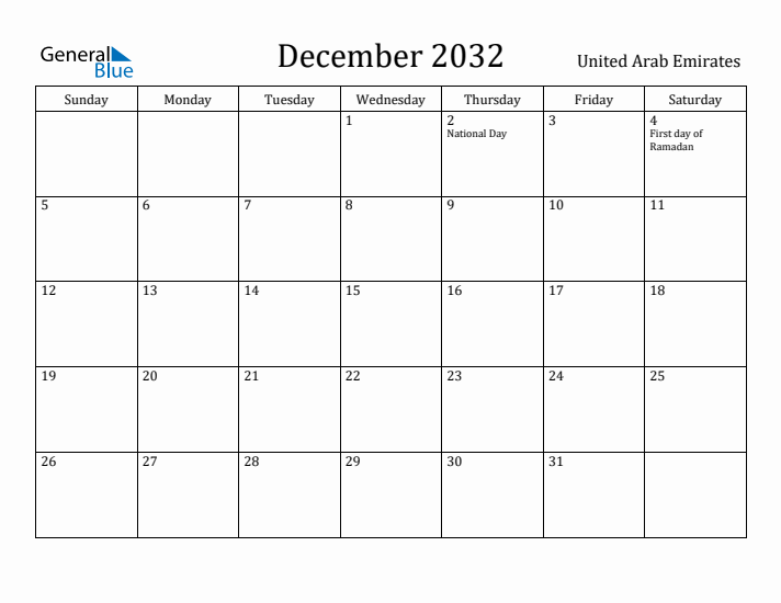 December 2032 Calendar United Arab Emirates