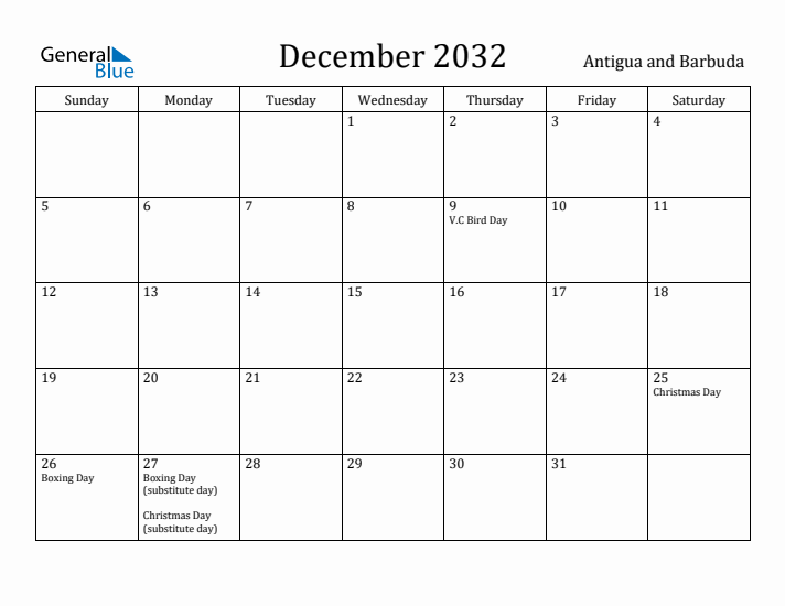 December 2032 Calendar Antigua and Barbuda