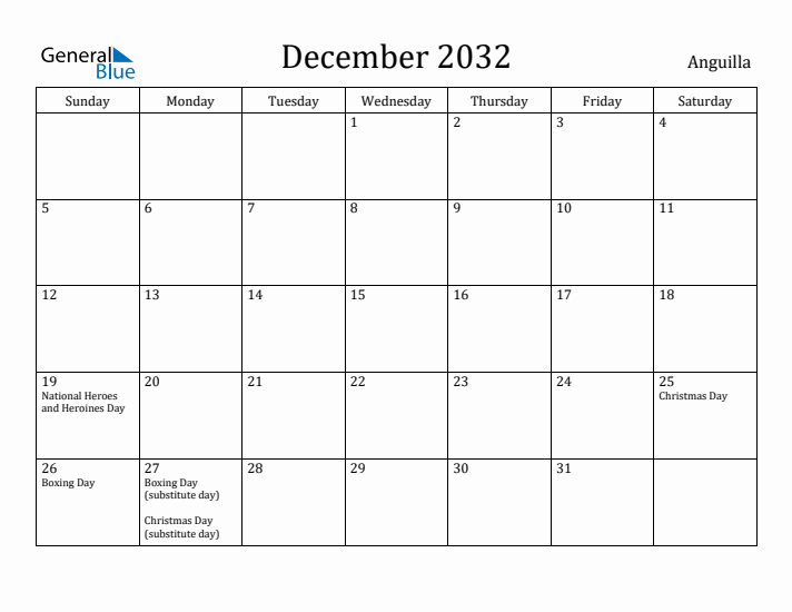 December 2032 Calendar Anguilla