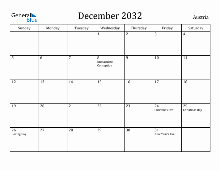 December 2032 Calendar Austria
