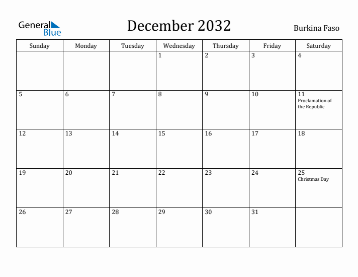 December 2032 Calendar Burkina Faso