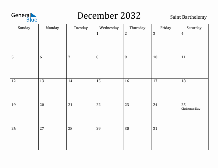 December 2032 Calendar Saint Barthelemy