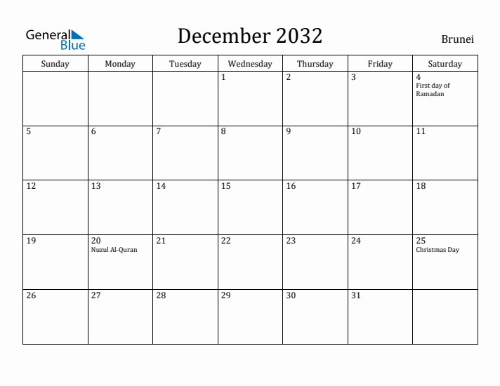 December 2032 Calendar Brunei