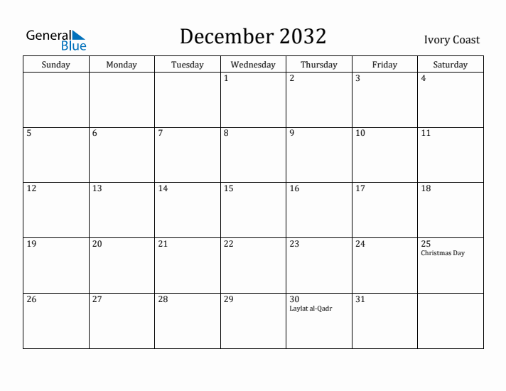 December 2032 Calendar Ivory Coast
