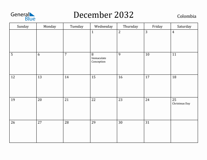 December 2032 Calendar Colombia