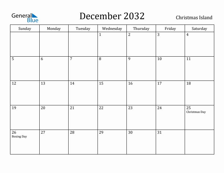 December 2032 Calendar Christmas Island