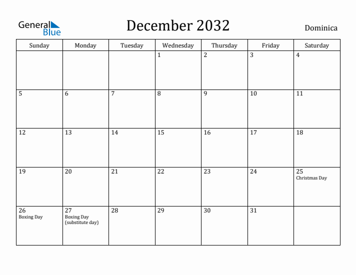 December 2032 Calendar Dominica