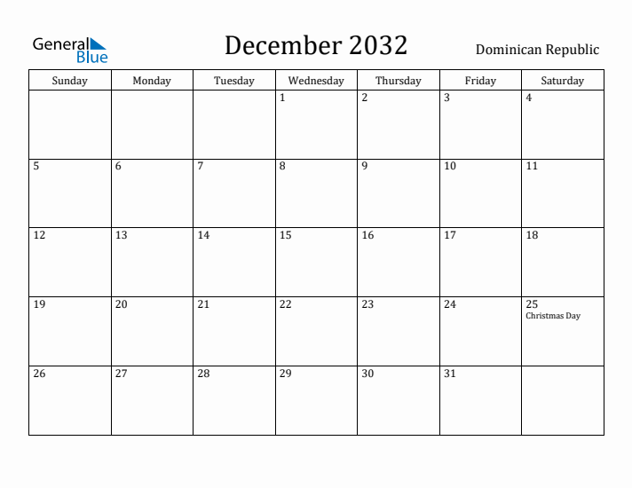 December 2032 Calendar Dominican Republic