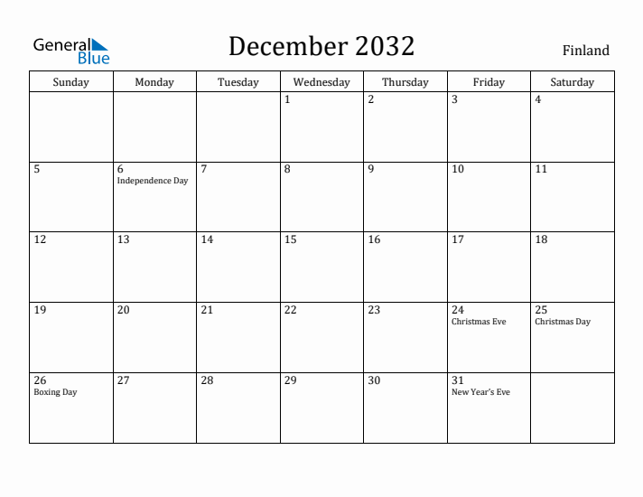 December 2032 Calendar Finland