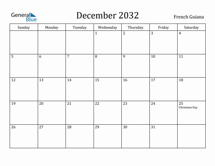 December 2032 Calendar French Guiana