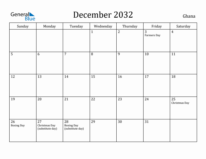 December 2032 Calendar Ghana