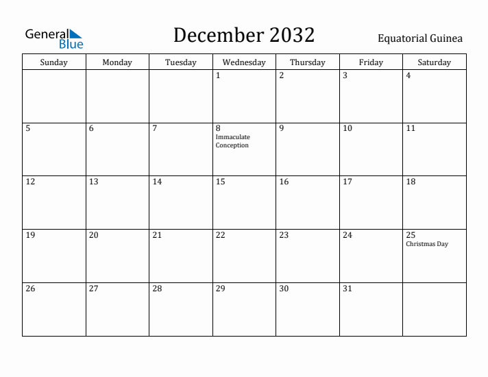 December 2032 Calendar Equatorial Guinea