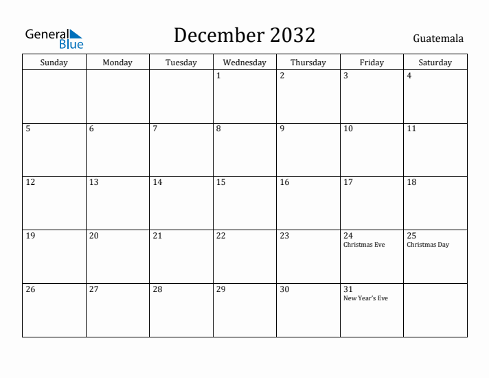 December 2032 Calendar Guatemala