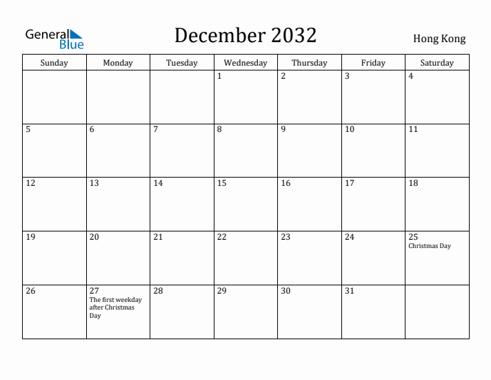 December 2032 Calendar Hong Kong
