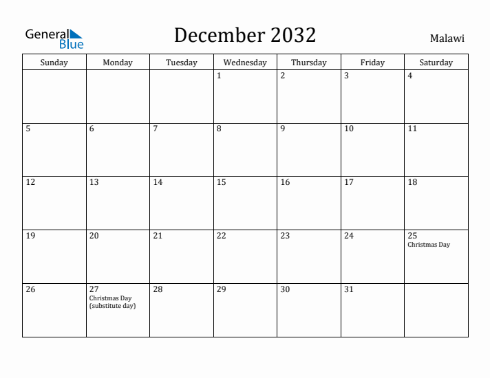 December 2032 Calendar Malawi